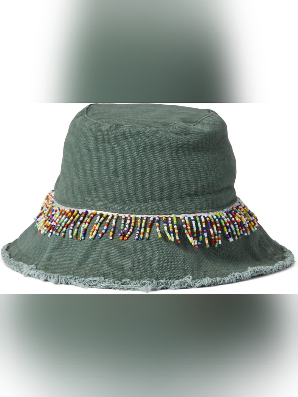 NWT Badgley Mishcka Green Cotton Beaded Fringe Boho Y2K Bucket Hat